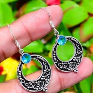 Swiss Blue Topaz Gemstone 925 Sterling Silver Handmade Dangle Earrings